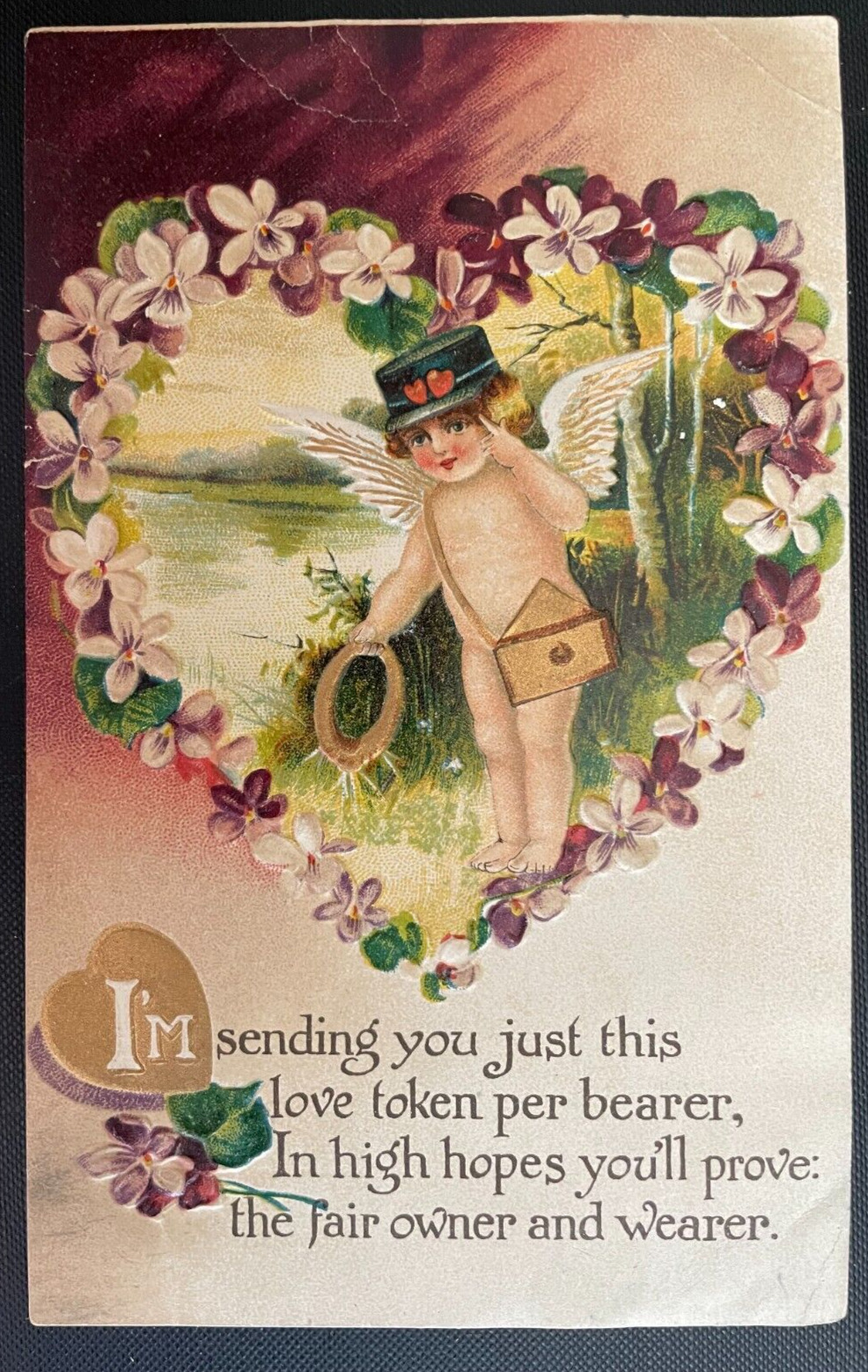 Vintage Victorian Postcard 1901-1915 Love & Romance - Cupid inside Pansy Heart