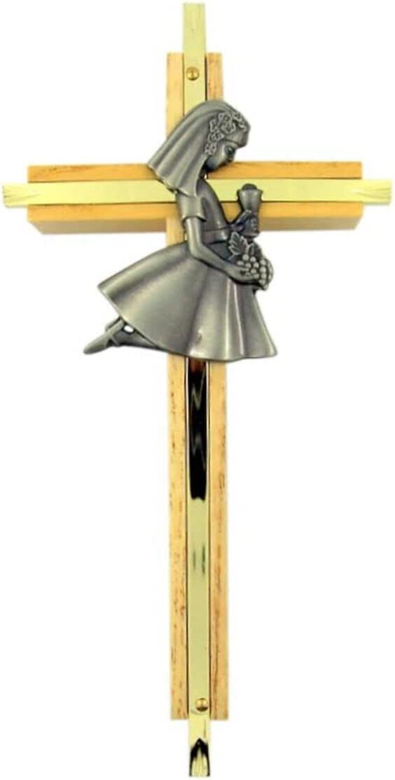 First Communion Oak Wood and Brass Wall Cross with Fine Pewter Girl Casting