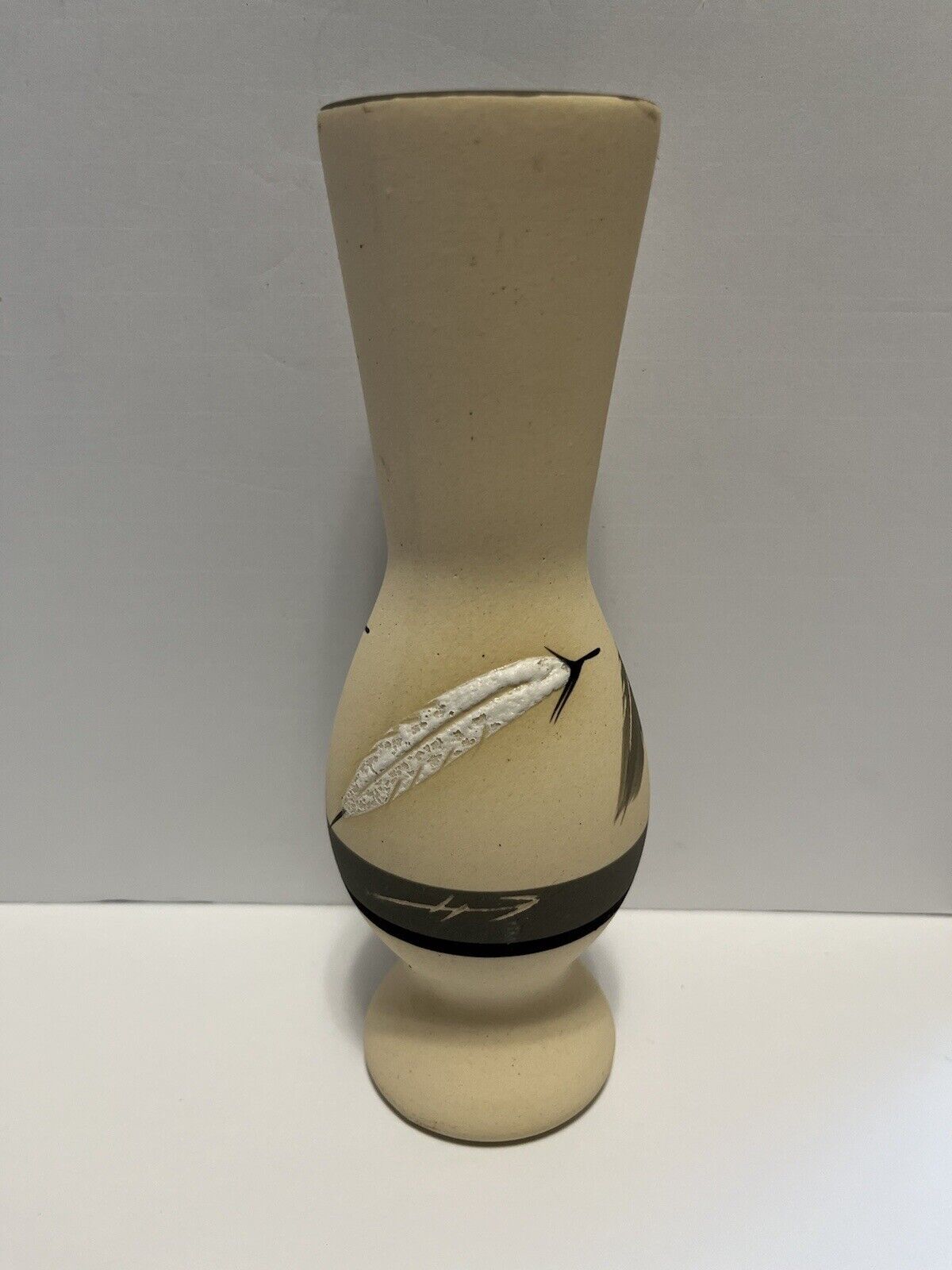 Artist Grey Feather Hand Painted Textured Ceramic Art Pottery Feather Vase 1995