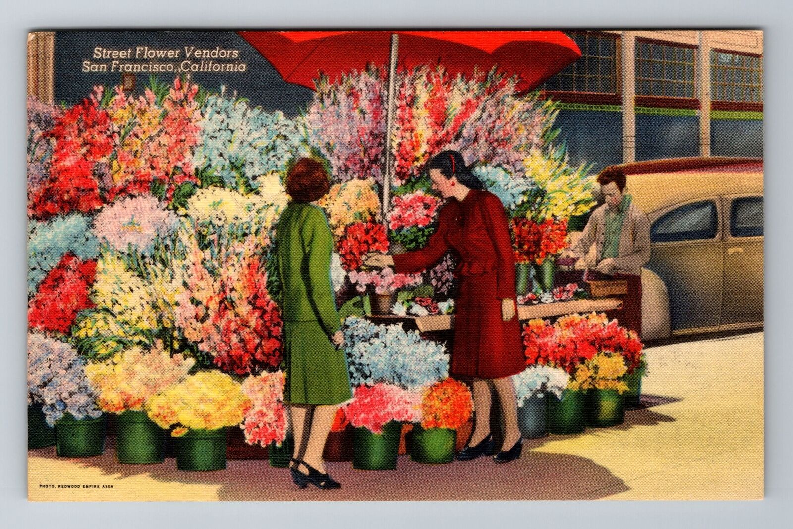San Francisco CA-California, Street Flower Vendors, Antique Vintage Postcard