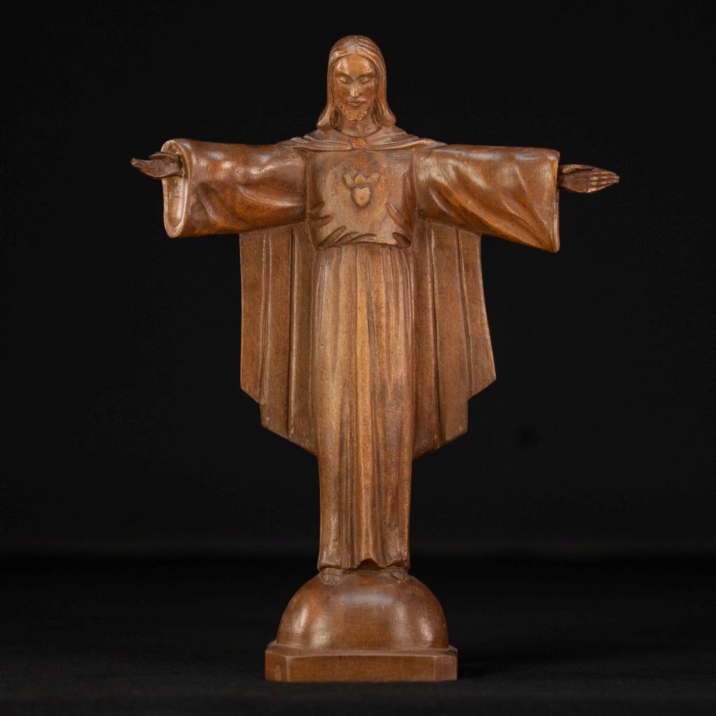 Jesus Sculpture |  Sacred Heart Wooden Statue | Antique Christ Carving | 11.2\