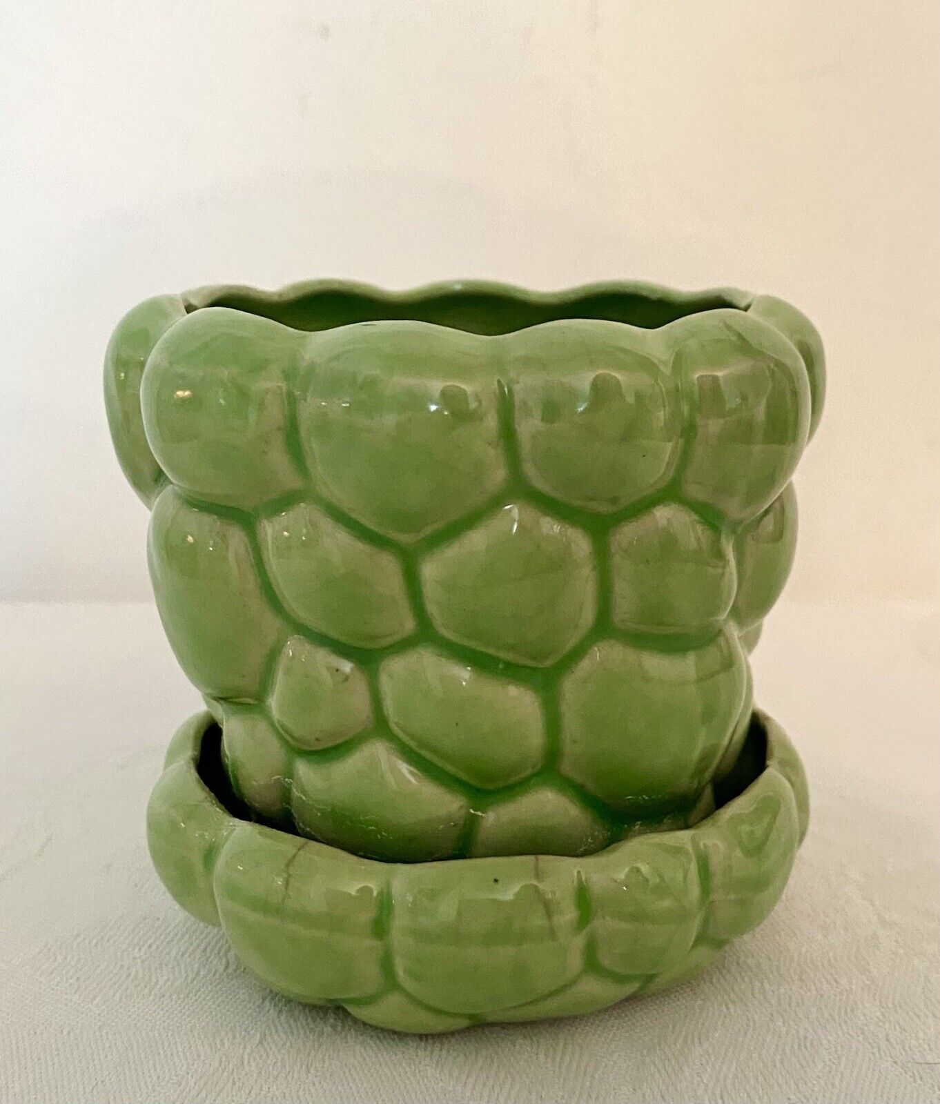 Vintage Art Pottery Green Pebble Flower Pot Planter with Attached Saucer Japan