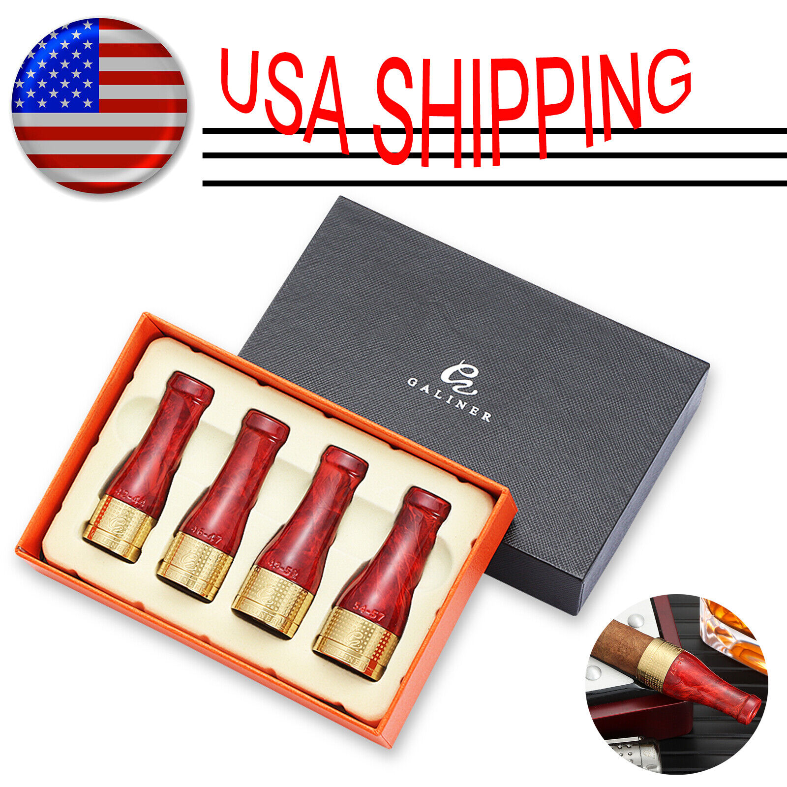 Galiner Pure Copper Cigar Holder Mouthpiece Nozzle 4 Sizes With Black Gift Box