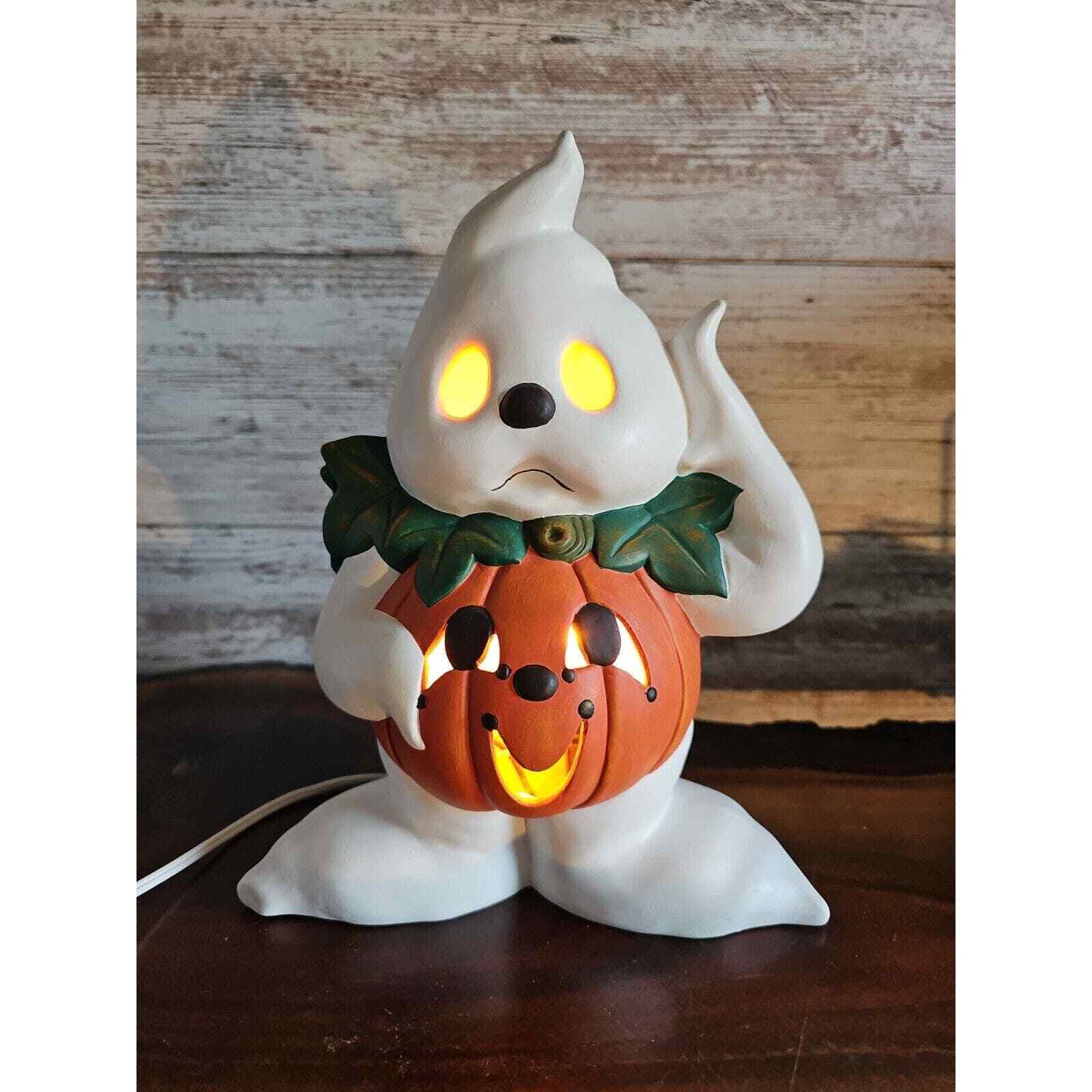 Vintage Ceramic Ghost Pumpkin Costume Jack O Lantern Light Lamp Very Nice 1995