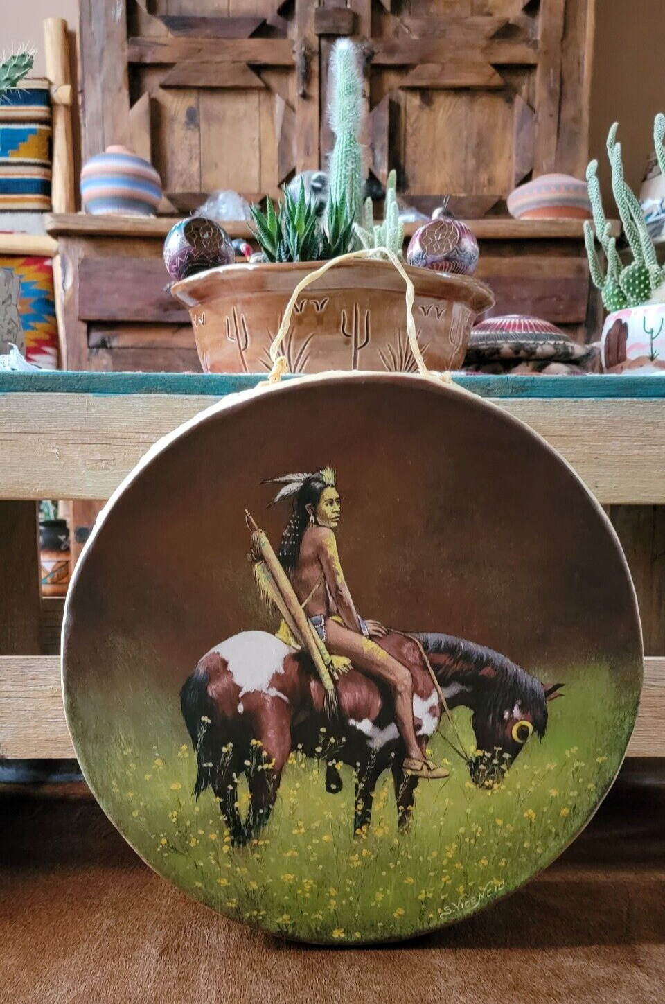 Native American Indian Tarahumara Hand Painted Drum by Artist Salvador Vicencio