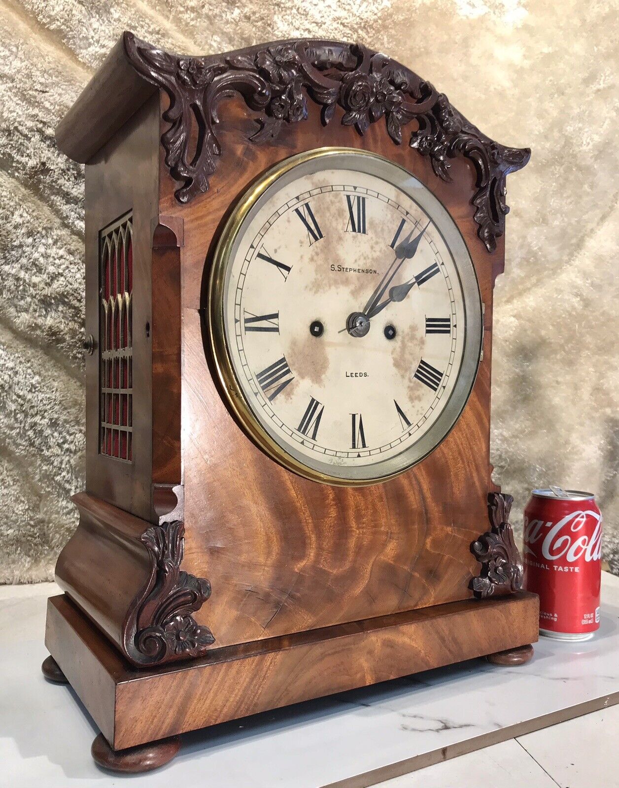 antique England,S.STEPHENSON FUSSE MOVMENT Bracket Strikes Clock,Walnut Case
