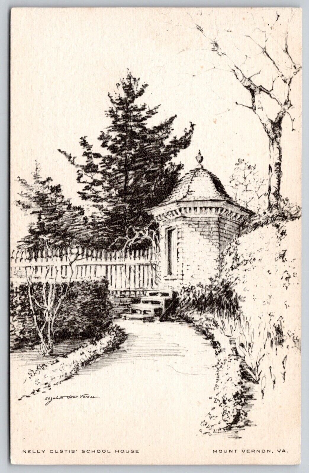 Nelly Custis School House Mount Vernon Virginia Pencil Drawing Vintage Postcard