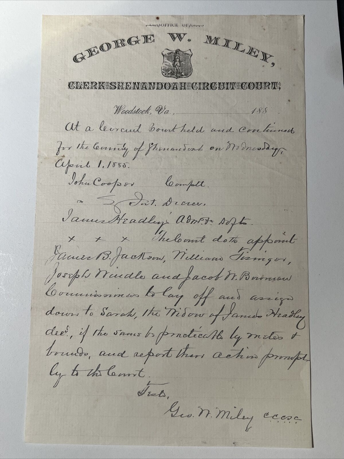 1885 WOODSTOCK VIRGINIA Letter GEORGE W MILEY Clerk Shenandoah Circuit Court