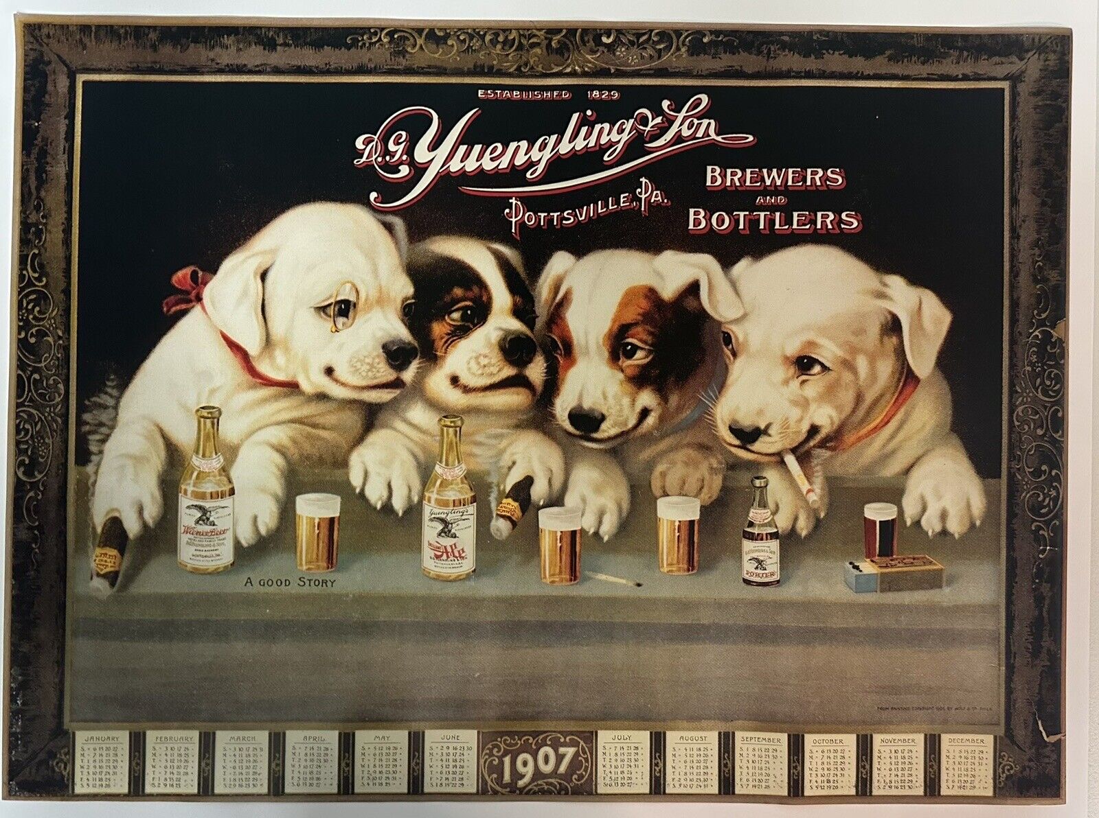 YUENGLING 1907 “Vintage-Style” Dogs Calendar  Poster  26 1/2 Wide X 19 1/2 High