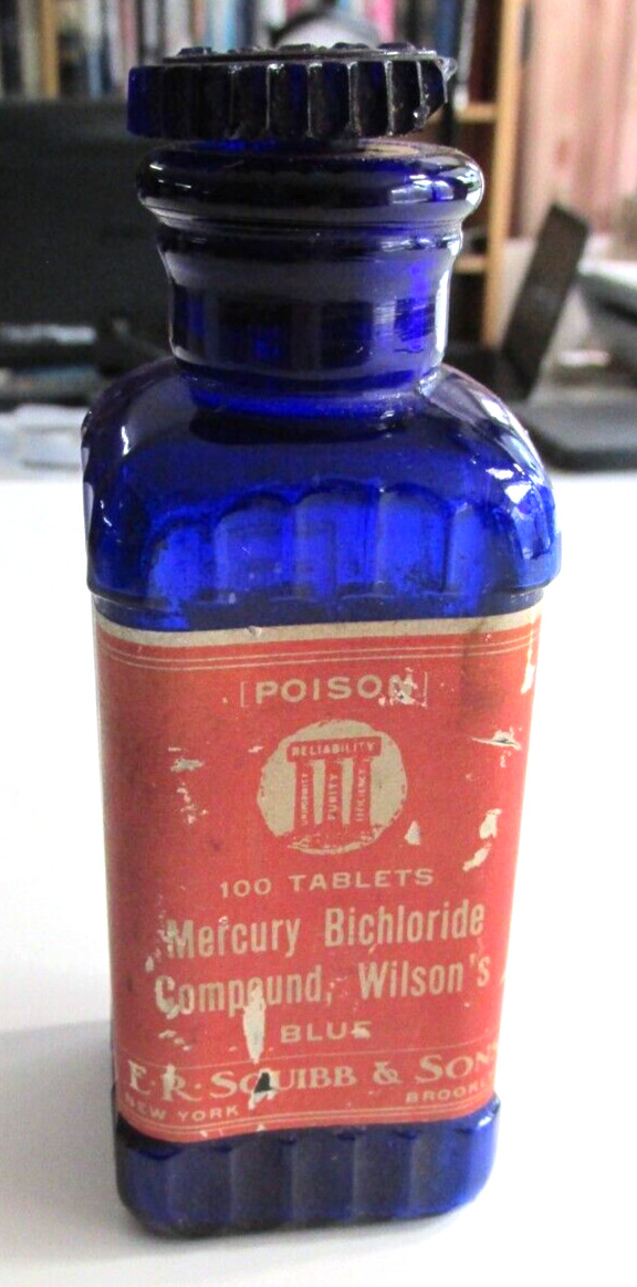 Antique Labeled Cobalt Blue POISON BOTTLE, E.R. Squibb & Sons Mercury Bichloride