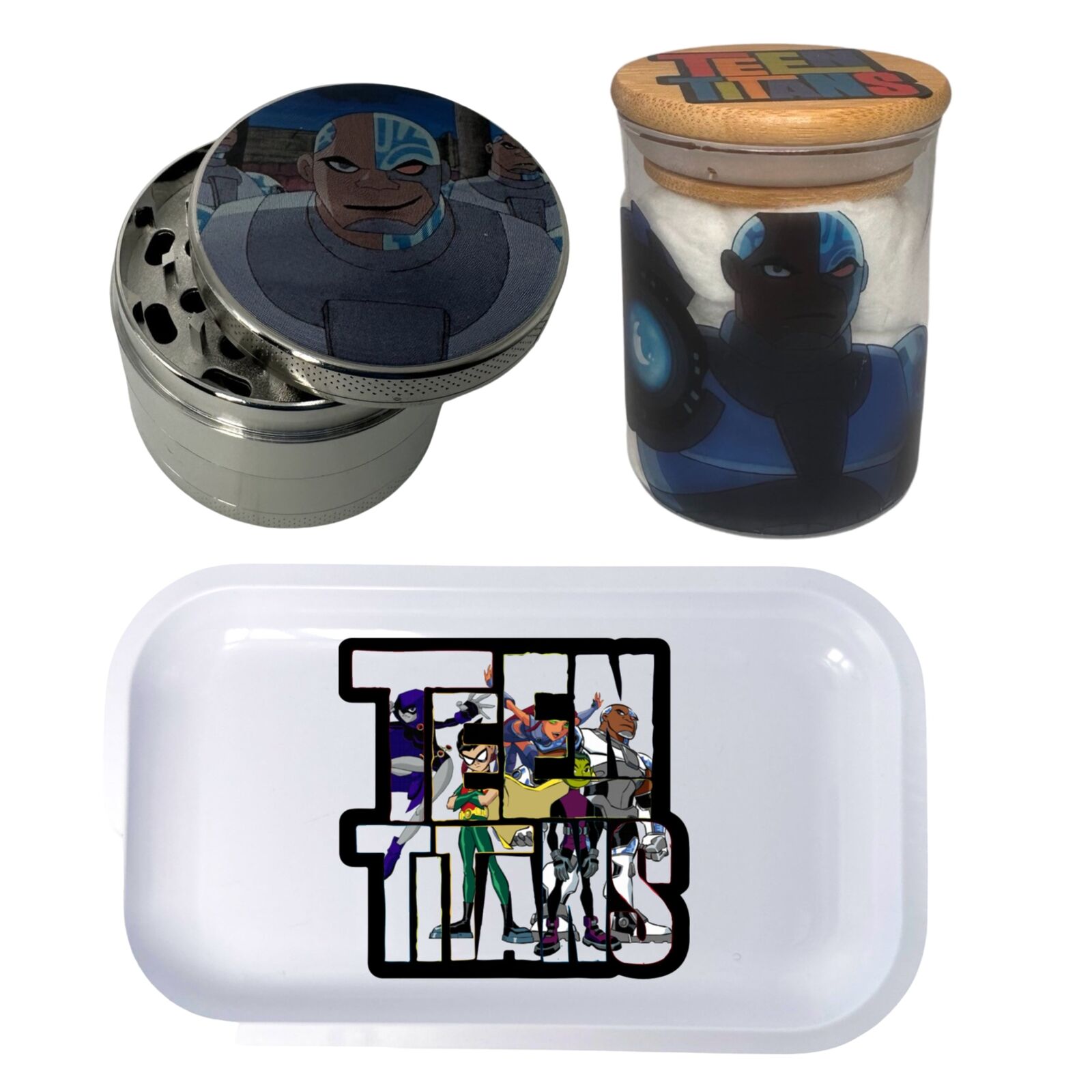 Titans Superhero Team Comic Herb Grinder, Stash Jar, Rolling Tray Set