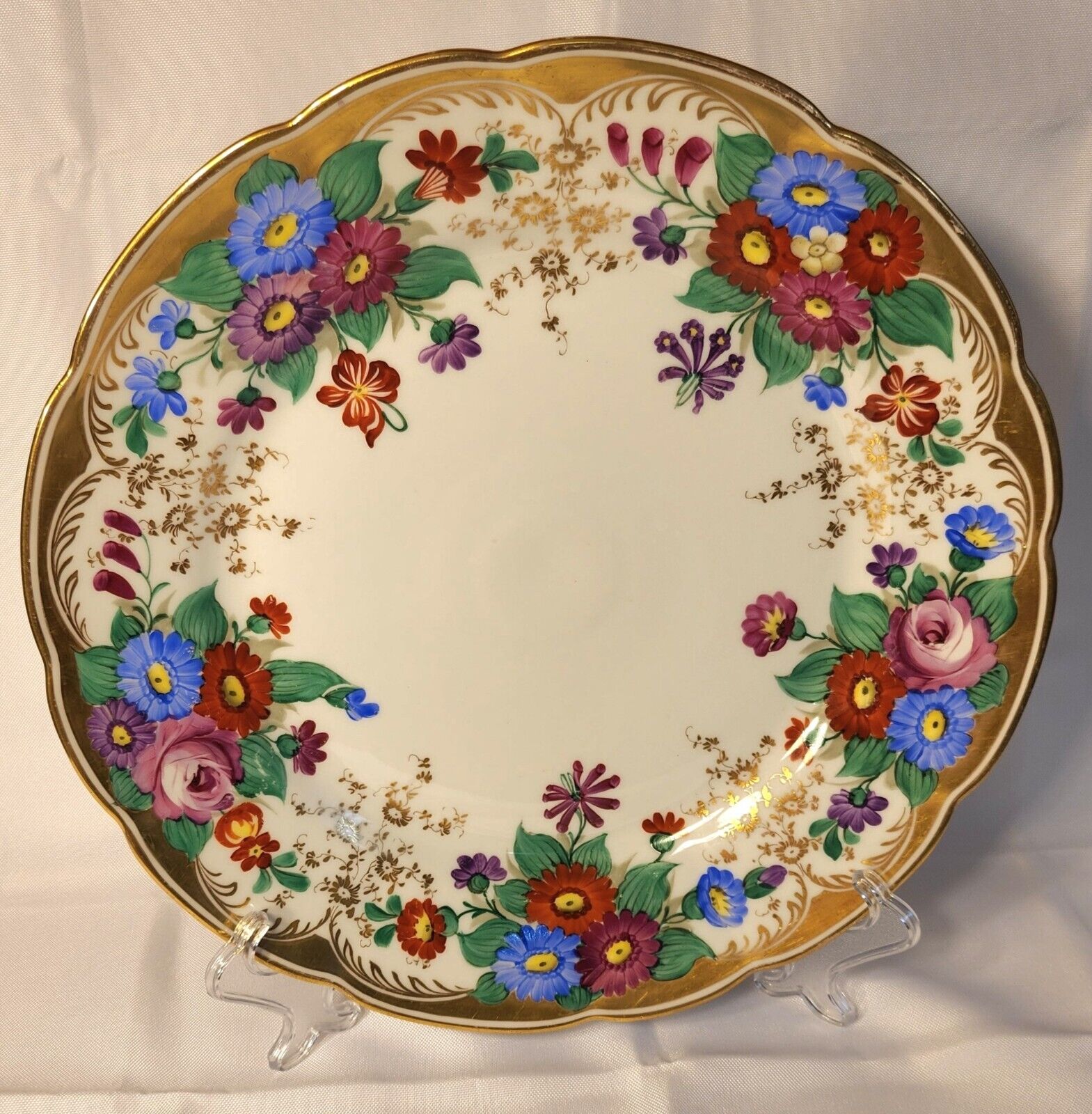 SAXE  Antique German Porcelain Charger Plate  Hand Painted Signed Floral Gilt