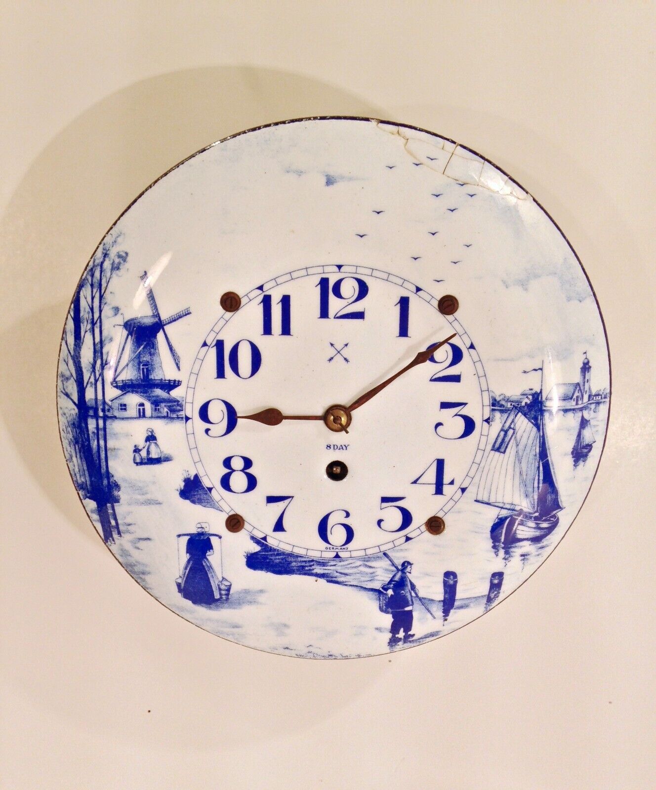 Vintage Hamburg American Delft Type Clock W/ Porcelain Enamel Face Nice