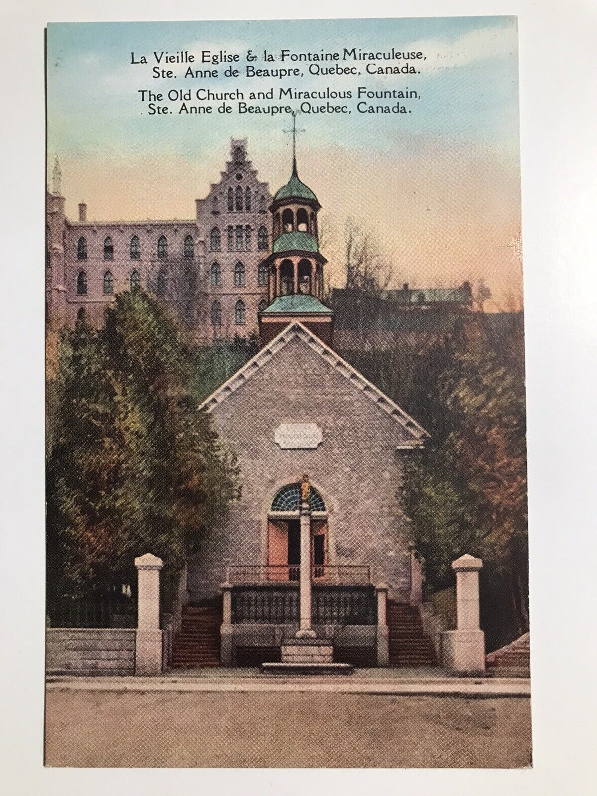 Vintage 1940 The Old Church Miraculous Fountain Quebec Canada Postcard