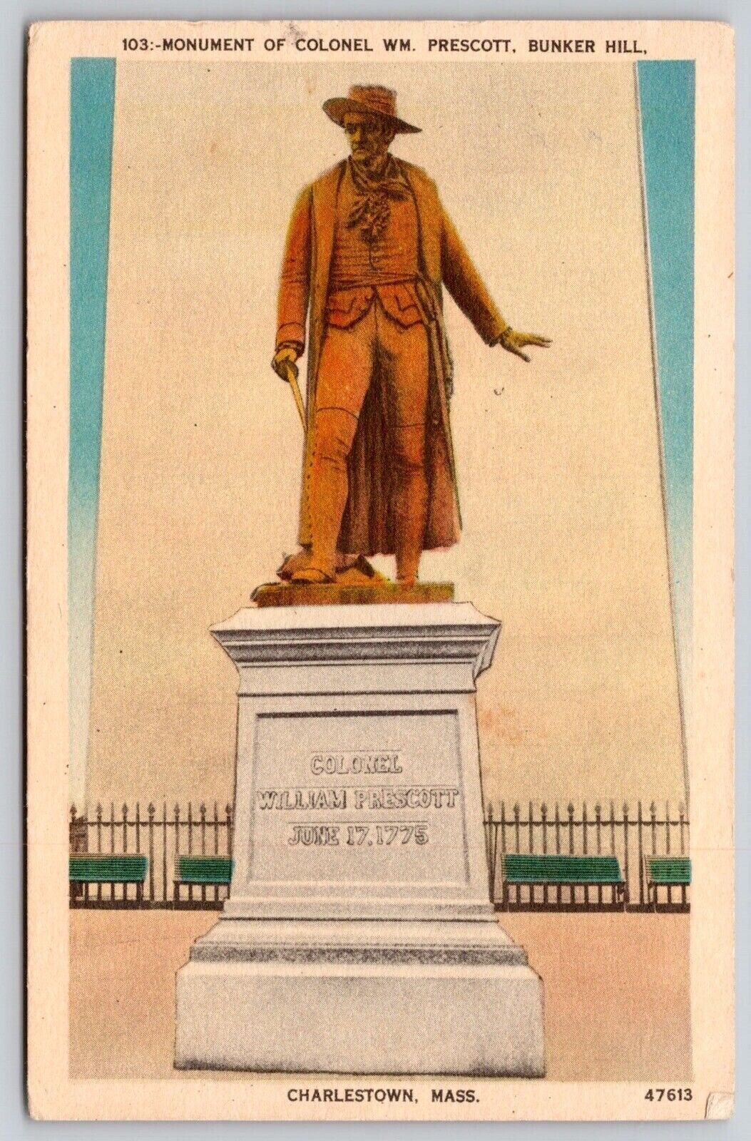 Monument Colonel WM Prescott Bunker Hill Charlestown Massachusetts VNG Postcard
