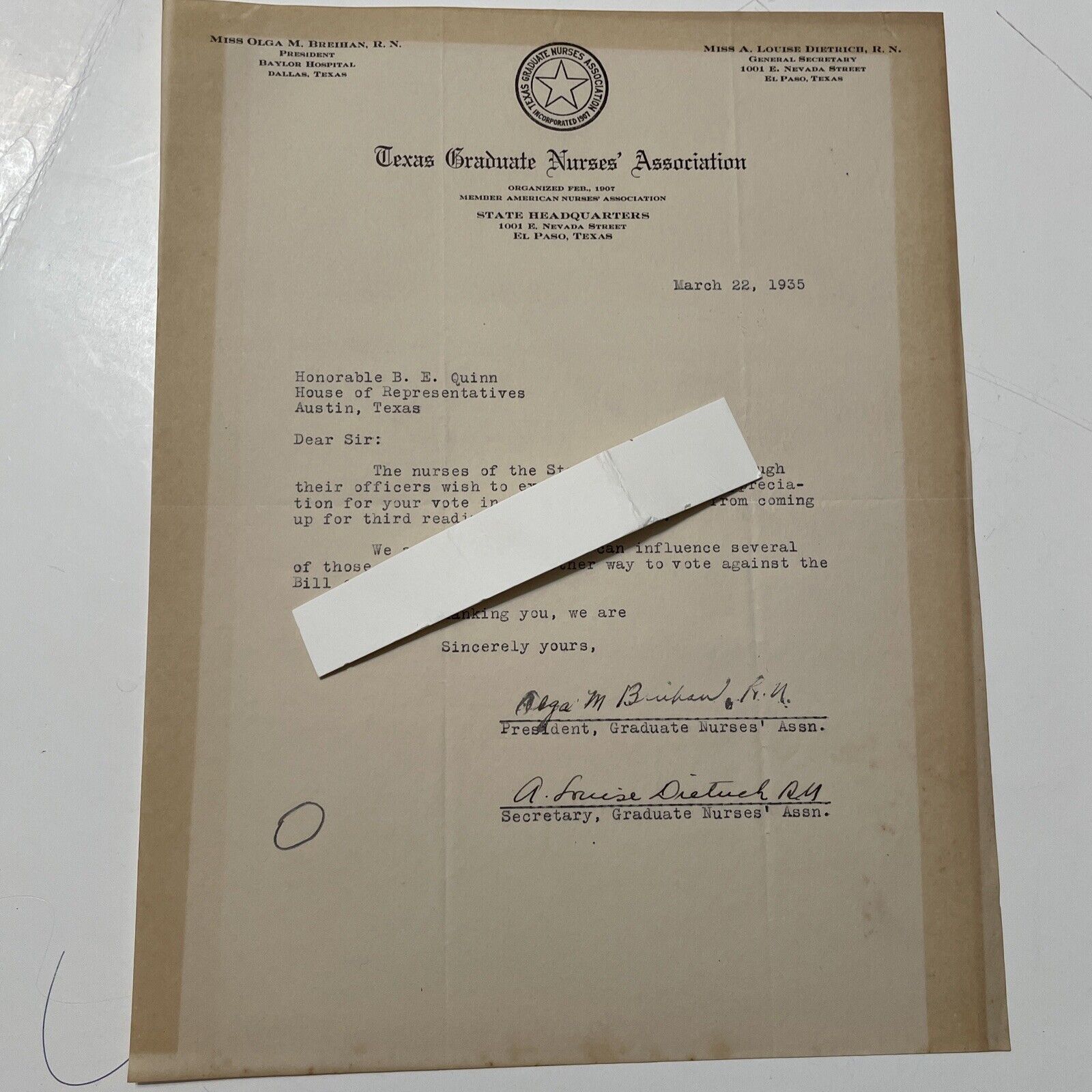 Texas Ephemera Nursing History Graduate Nurses Ass.  Letter 1935 Louise Dietrich