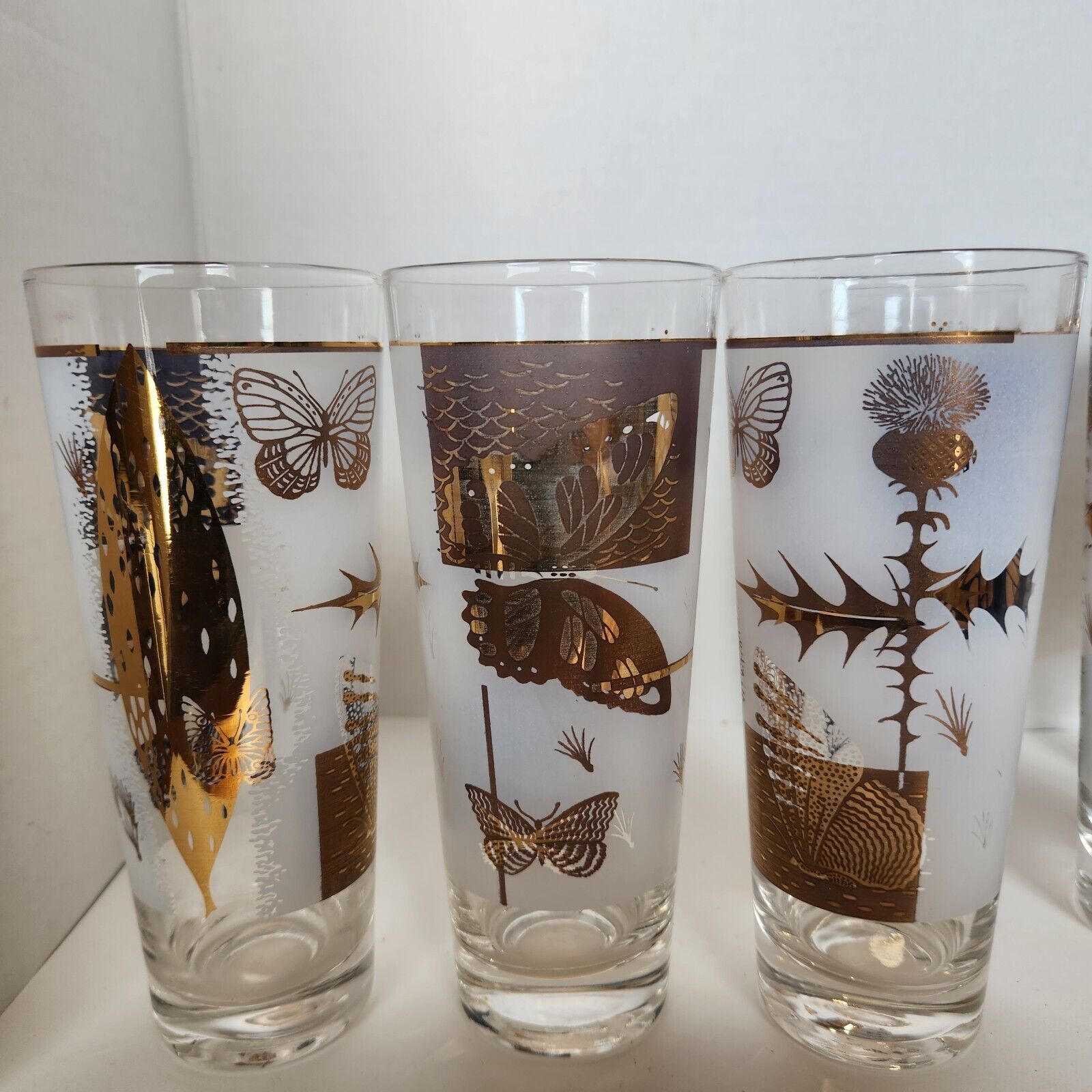 VTG 6 Fred Press Butterfly & Thistle Highball Glasses 12oz 24k Gold Culver Style