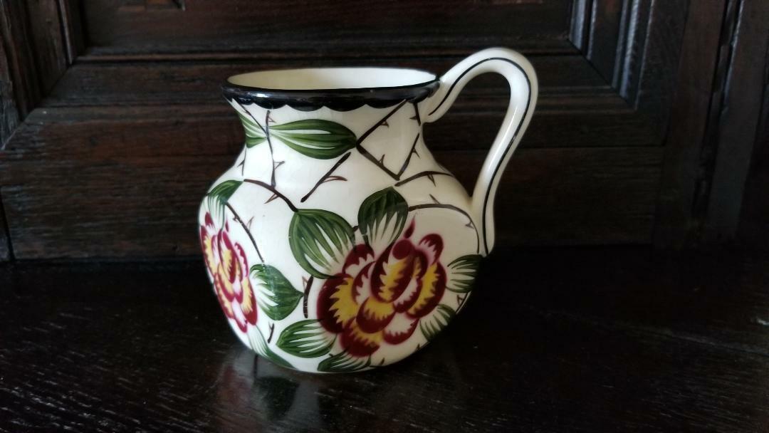 Awesome Vintage Squatty Czechoslovakia Pottery Pitcher / Jug with Floral Motif