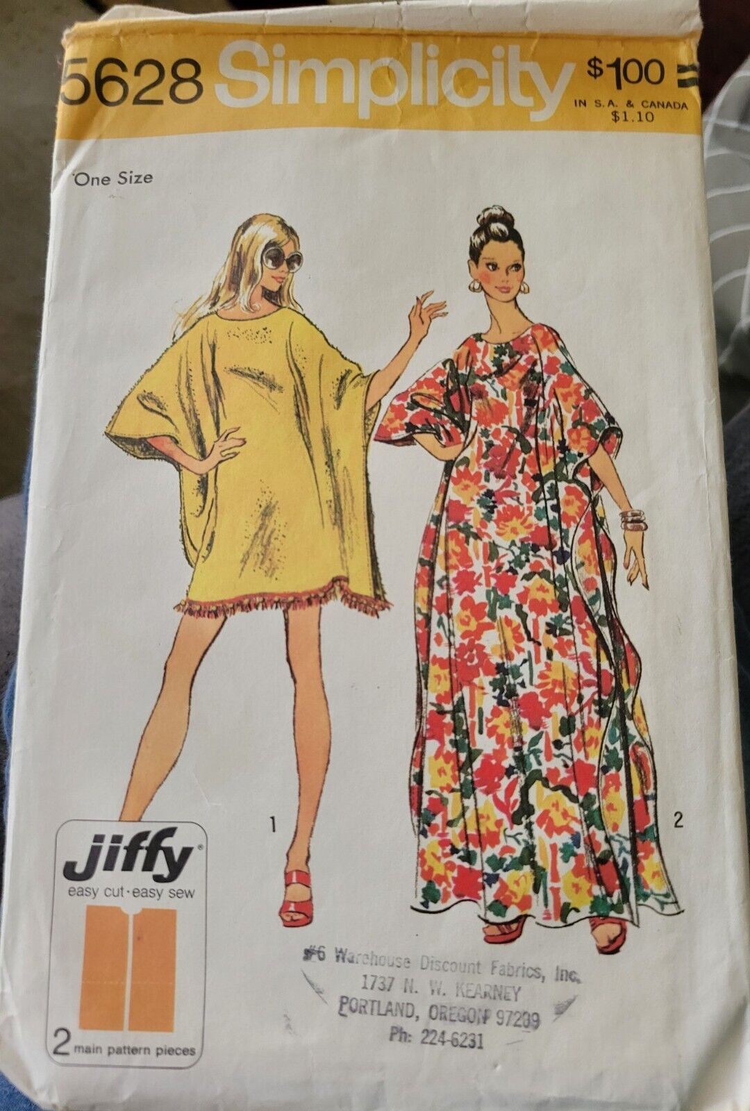 Vintage (1973) Simplicity Sewing Pattern 5628 Caftan Dress, Easy Cut & Sew,Uncut