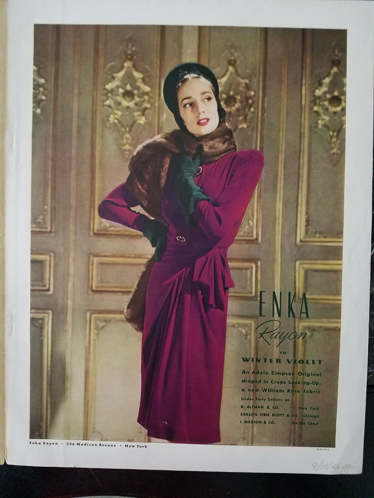 1942 Adele  Simpson Enka rayon women\'s purple dress fur stole fashion ad