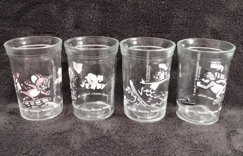 Set Of 4 Vintage 1990-91 Welch's Jelly Jar Glasses Tom & Jerry