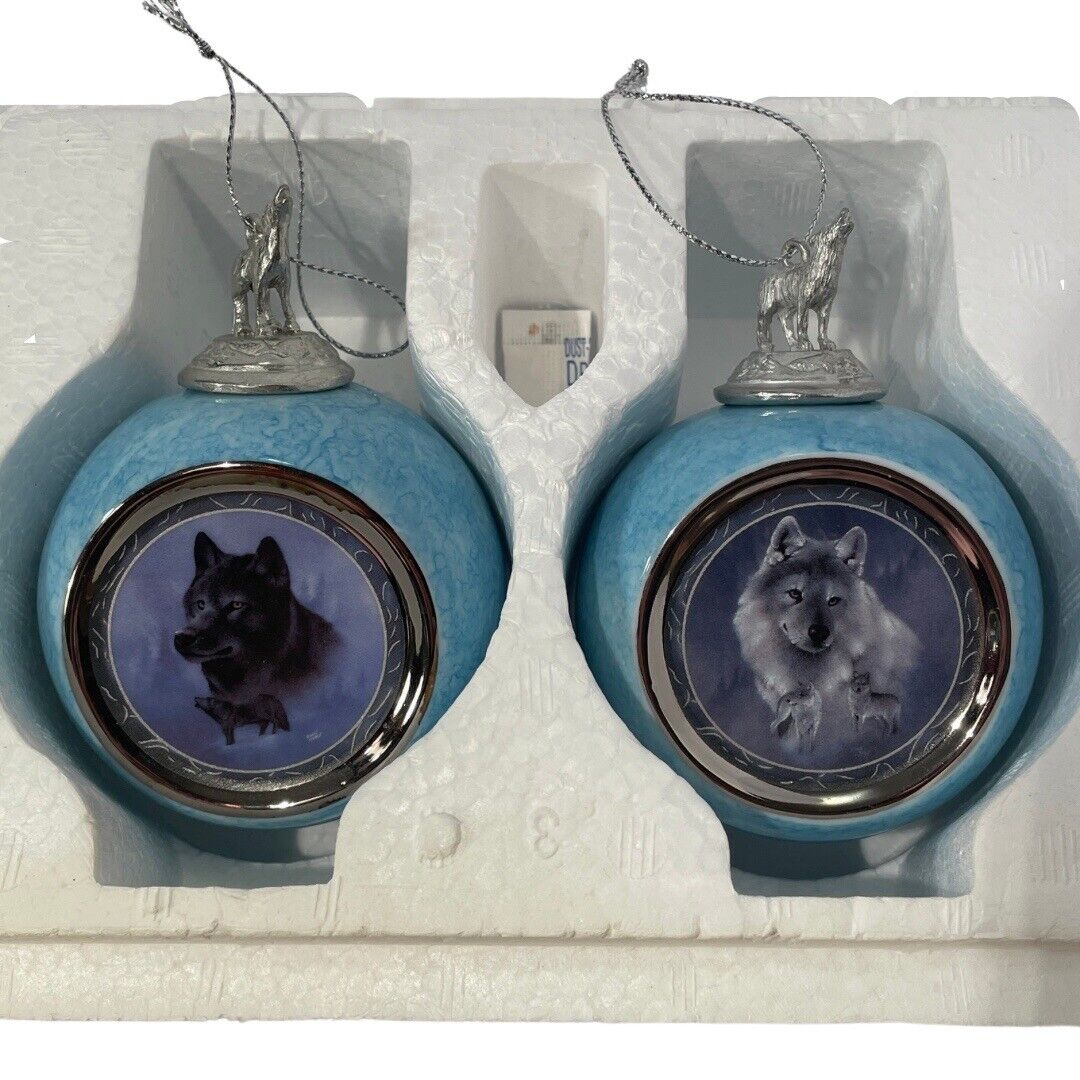 1997 Bradford Editions Set 2 Wolf Ball Ornaments Silver Scout Black Knight 