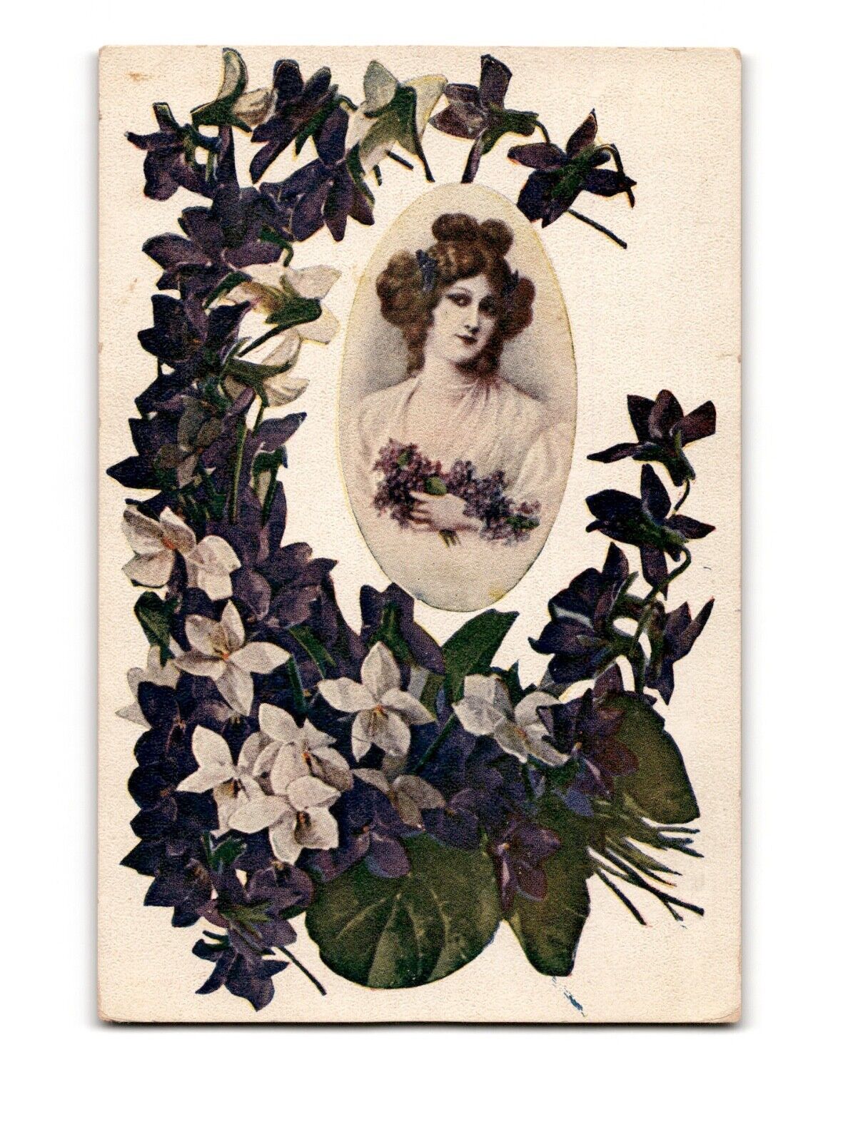 Antique Floral Postcard: Elegant Woman Surrounded by Violets
