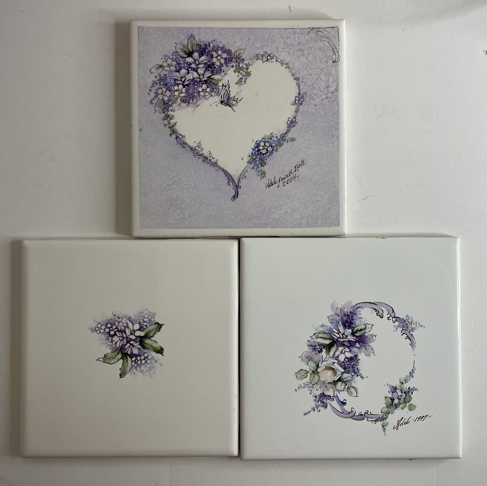 3 Original Hand painted Porcelain Tiles, Purple Flowers And Hearts Adele Holt