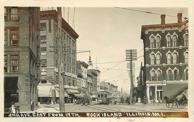 Illinois Rock Island 2nd Avenue 17th Trolley 1911 RPPC Photo Postcard 22-6348