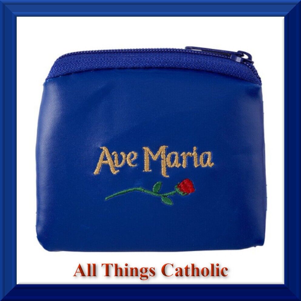 Ave Maria Floral Rose Embroidered Zipper BLUE Rosary Case 3-1/2 x 3-1/4\
