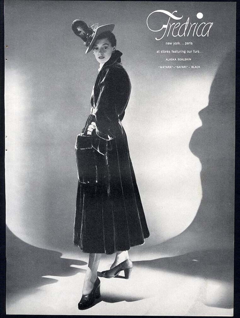 FREDRICA Fur Coat 1947 Magazine Ad ADELE SIMPSON Dinner Dress on Reverse Side