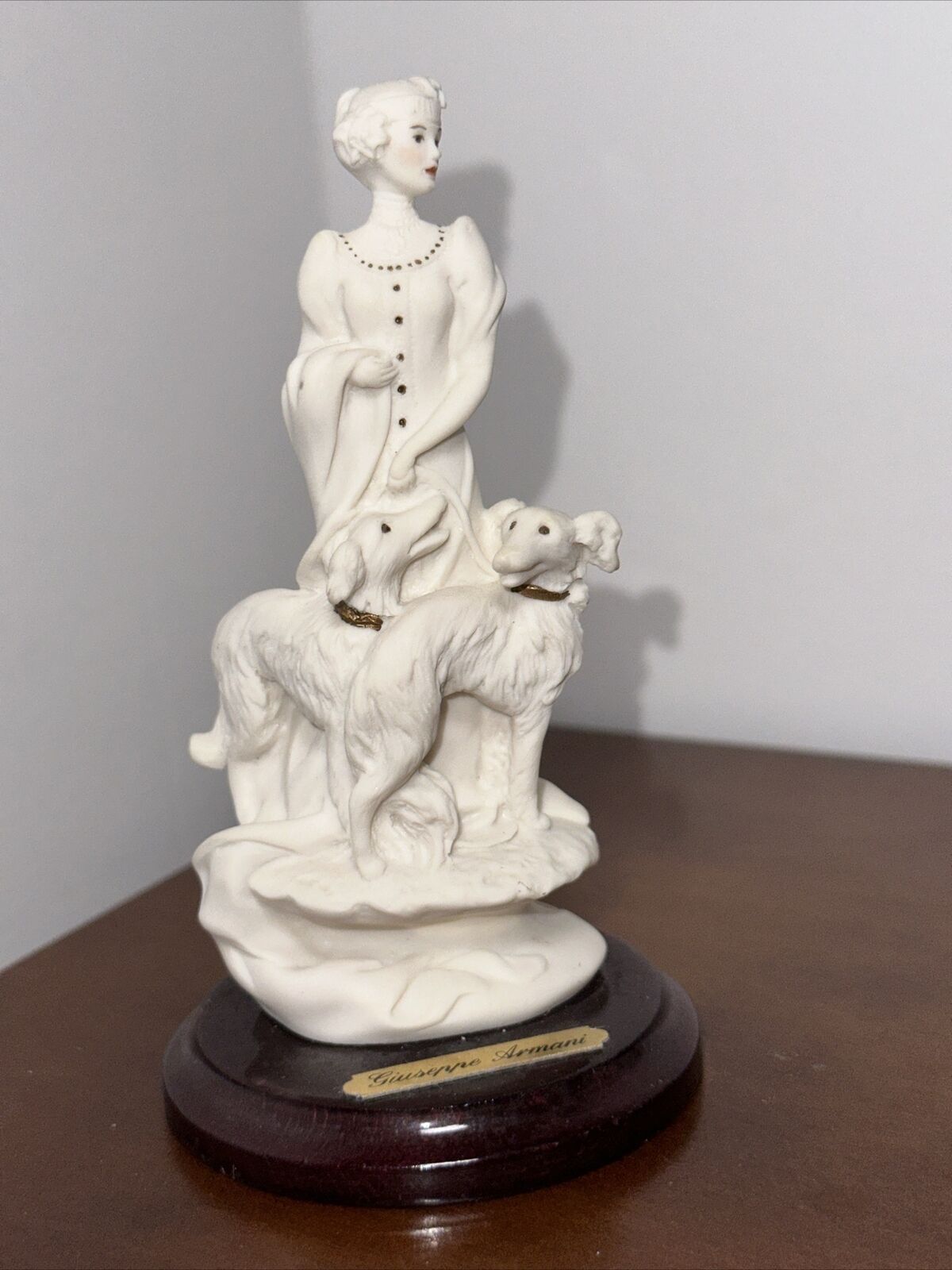 1993 Giuseppi Armani Figurine Woman with Dogs Wooden Base Signed Made in Italy