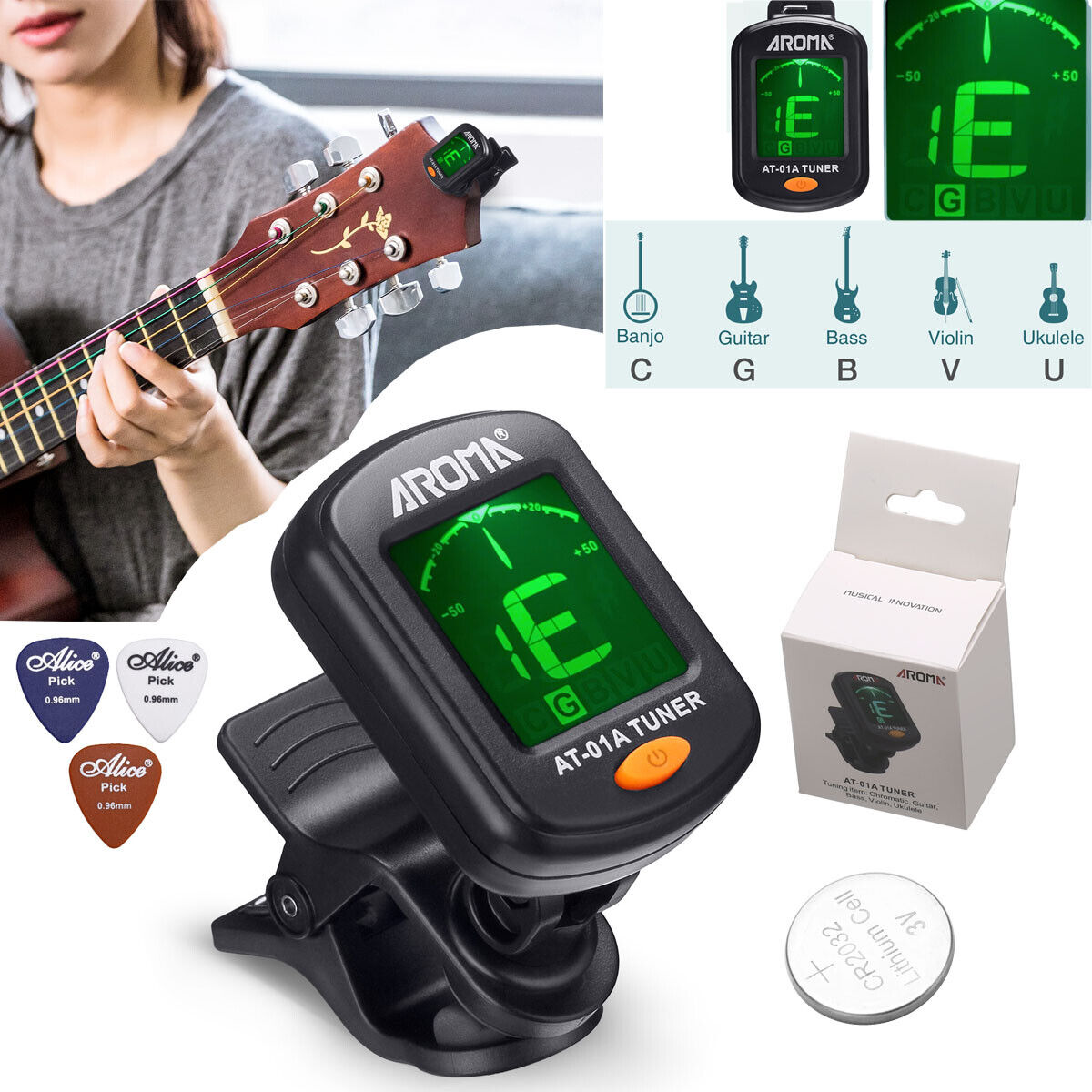 Clip-On LCD Chromatic Digital Tuner for Guitar, Bass, Violin, Ukulele + 3 Picks