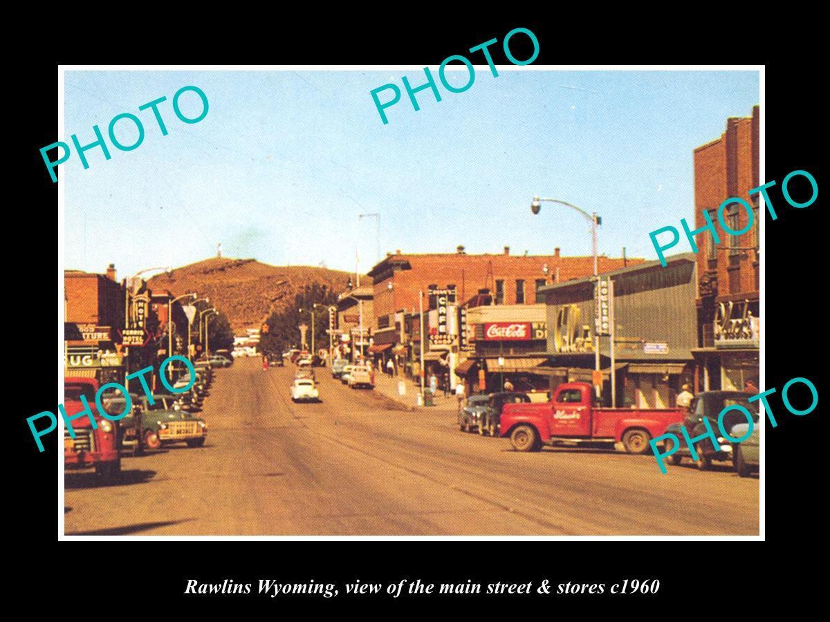 OLD LARGE HISTORIC PHOTO RAWLINGS WYOMING, THE MAIN ST & STORES c1960