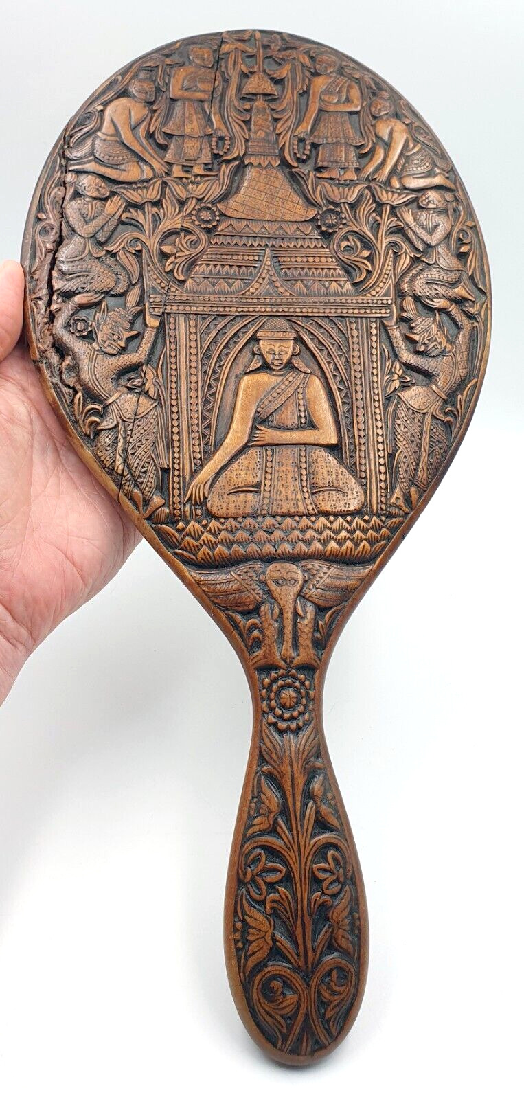 Beautiful hand carved Thai wooden hand mirror - Very rare & stunning carving