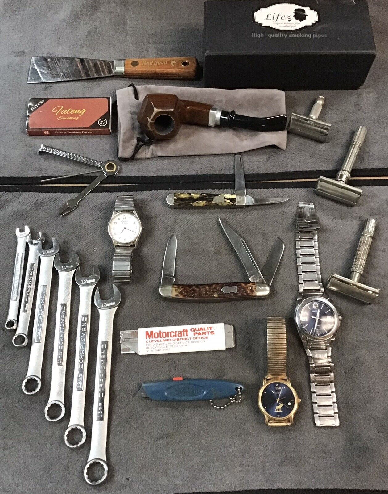 Vintage - Modern Junk Drawer Lot Tools Pocket Knives Watches Razors Collectibles