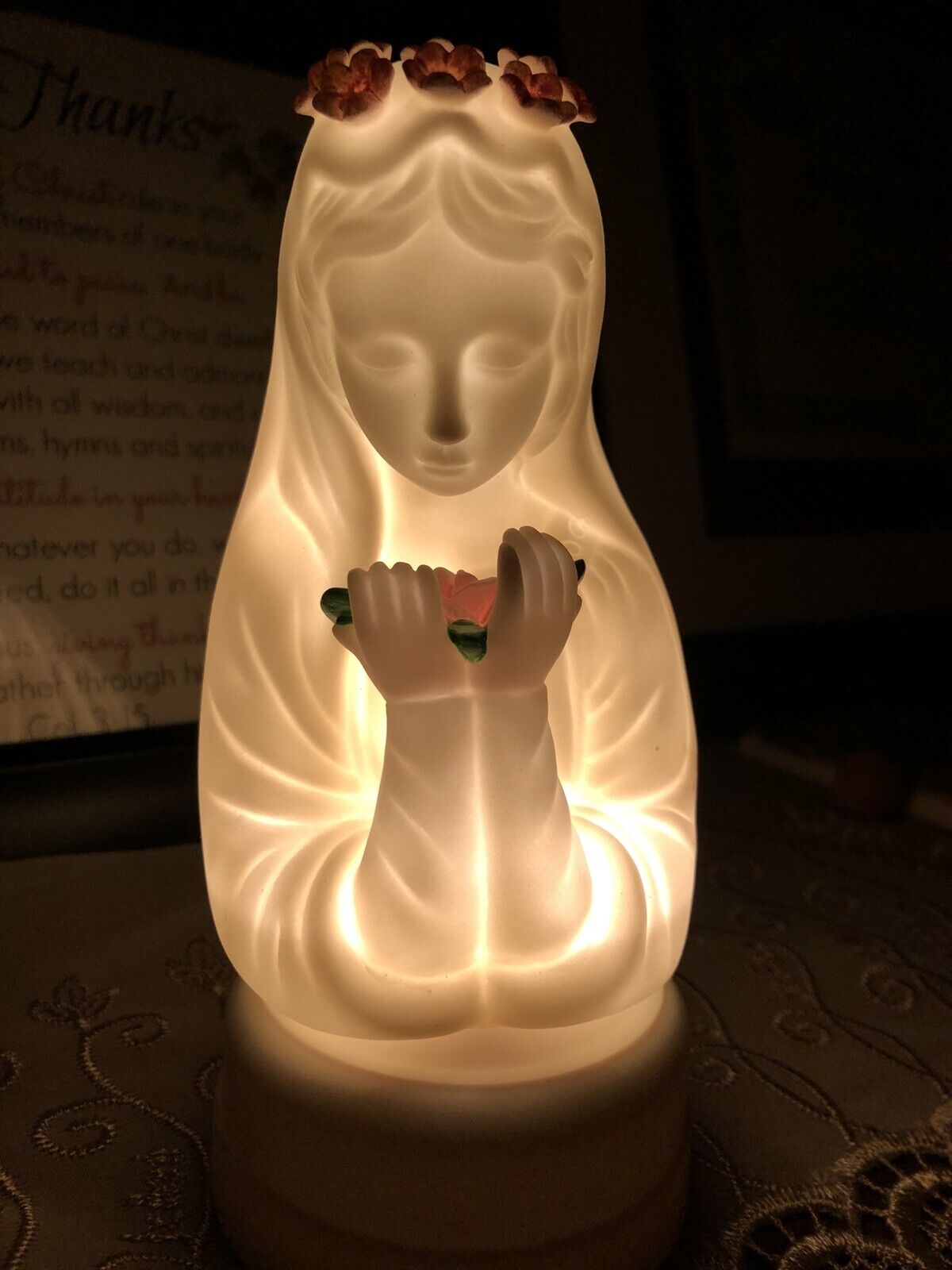 Vintage Plastic Madonna Night Light Virgin Mary Holding Pink Rose Lamp