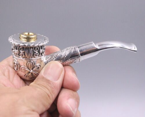 88g Pure S925 Sterling Silver Tobacco Pipe Men Carved Flower Leaf Pattern Pipe 
