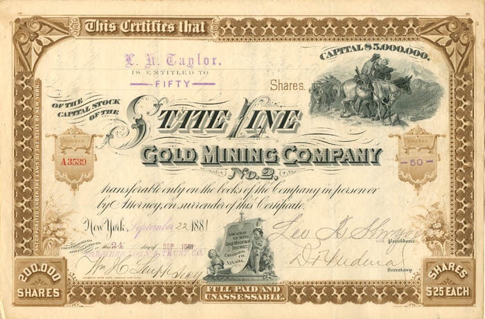 State Line Gold Mining Co. No. 2 - Stock Certificate - Mining Stocks