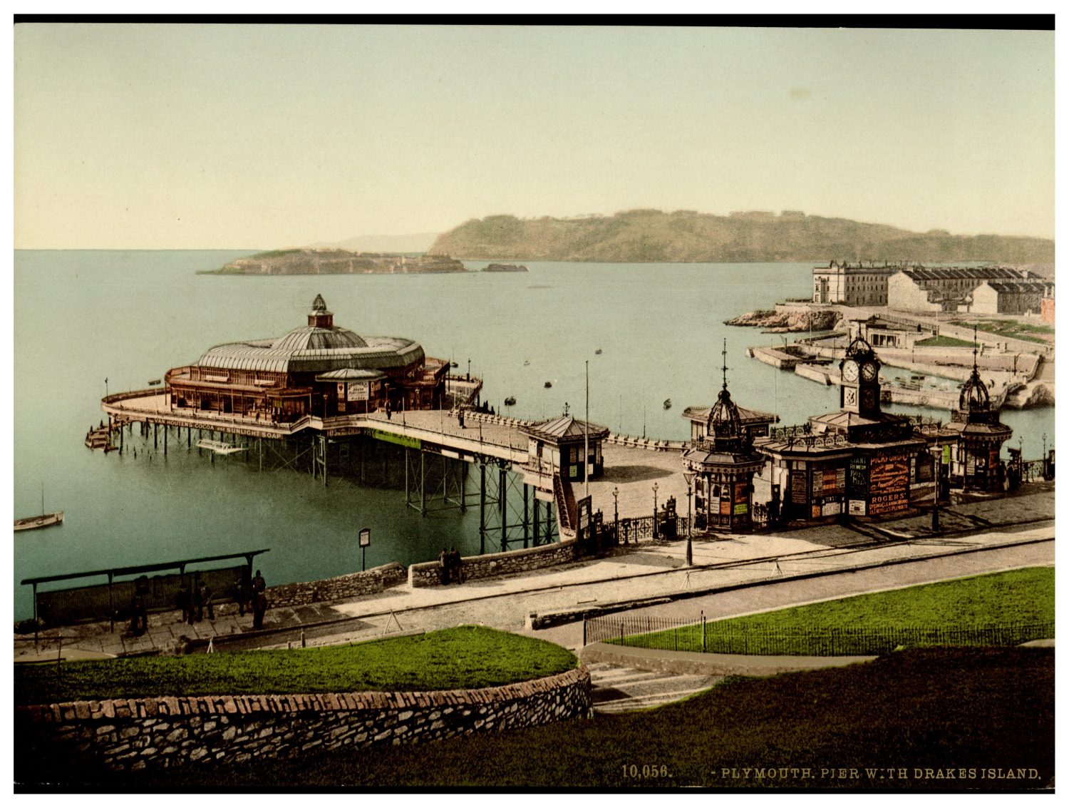 England. Plymouth. The Pier, with Drake's Island.  Vintage Photochrome by P.Z,