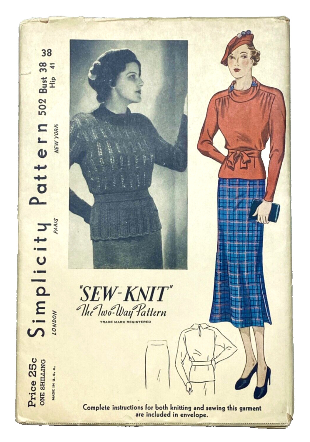 VERY RARE 1930s SIMPLICITY 502 SIZE 20/BUST 38 SEW-KNIT BLOUSE SKIRT TAM UC/FF