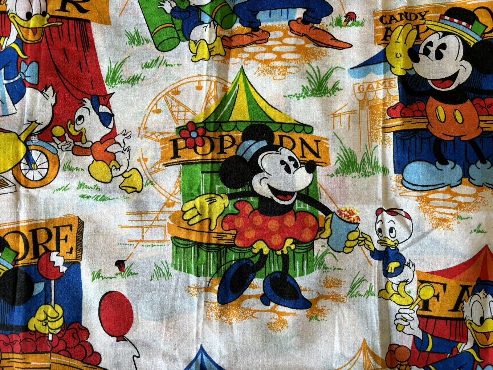 Vintage Walt Disney Fabric Panels Curtains 29” X 35” Mickey Minnie Fair Festival