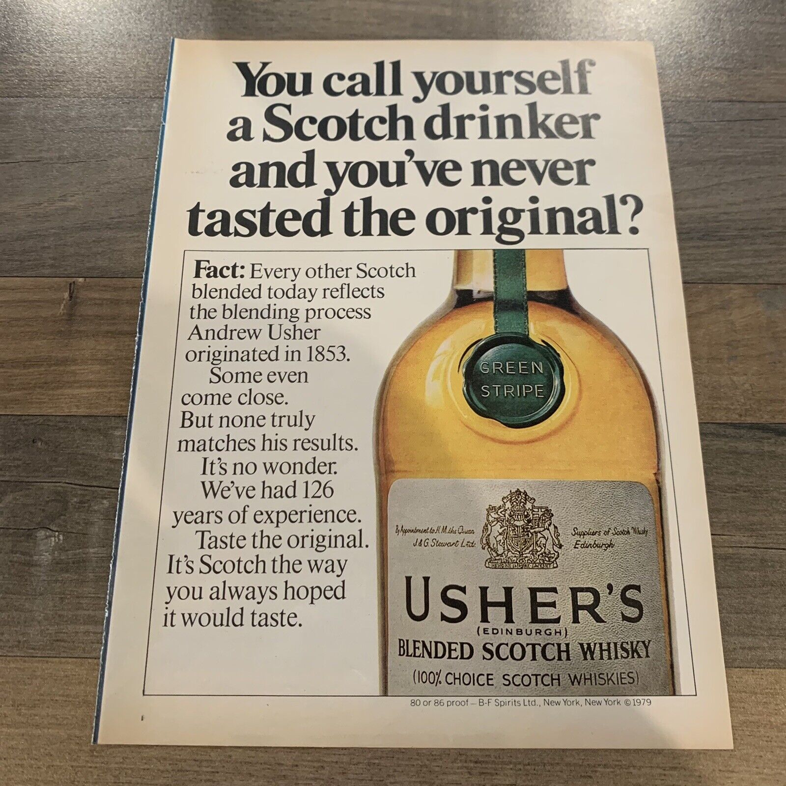 1979 Usher’s Blended Scotch Whisky Print Ad Original Edinburgh Green Stripe
