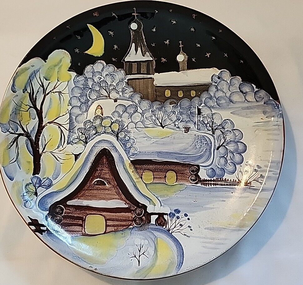 Vtg Folk Art Pottery Russian Orthodox Church Design Hand Painted Clay Plate EUC 