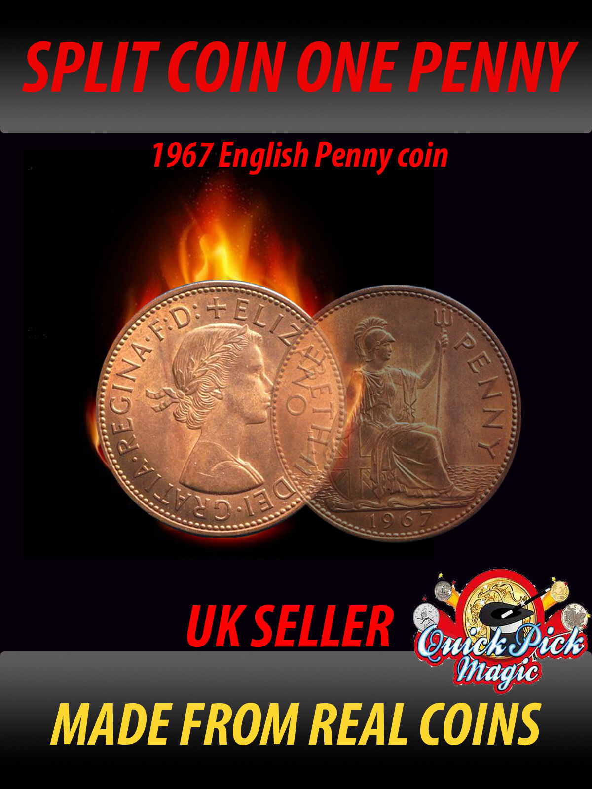 1967 English One Penny Split Coin / Vintage 1p Split Coin Close Up Magic Trick