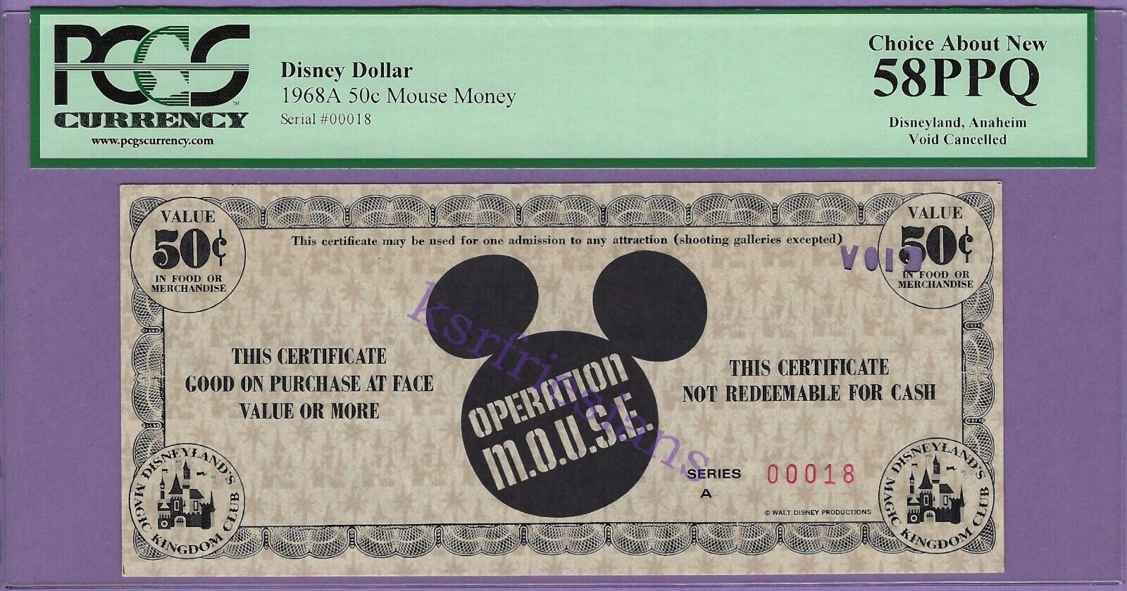1968 50 Cent Grey OPERATION MOUSE MONEY DISNEY DOLLAR S/N A00018 Castles & Stars