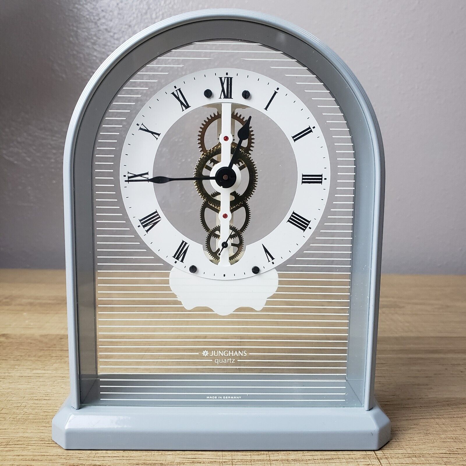 Junghans German Clock Vintage Blue Quartz Skeleton White Stripes Antique