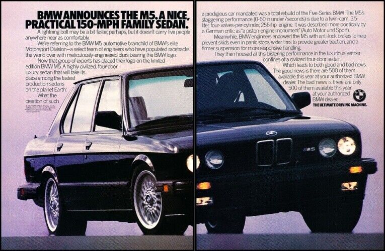 1987 BMW M5 Original 2-page Advertisement Print Art Car Ad J712C