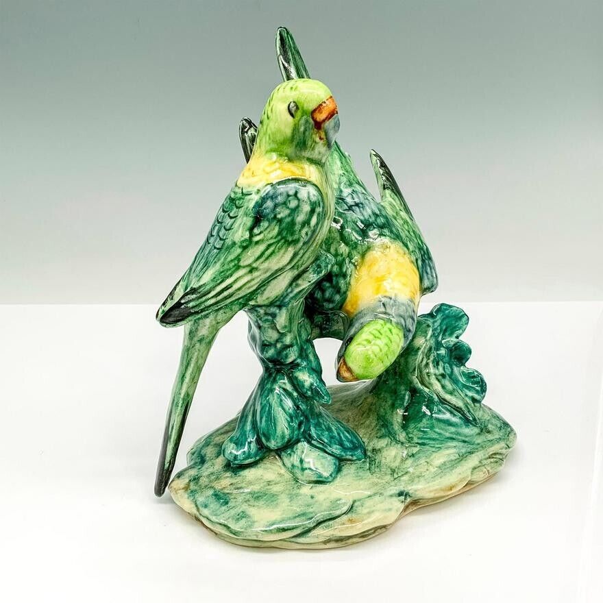 STANGL POTTERY BIRD FIGURINE, DOUBLE GREEN PARAKEETS #3582-artist signed
