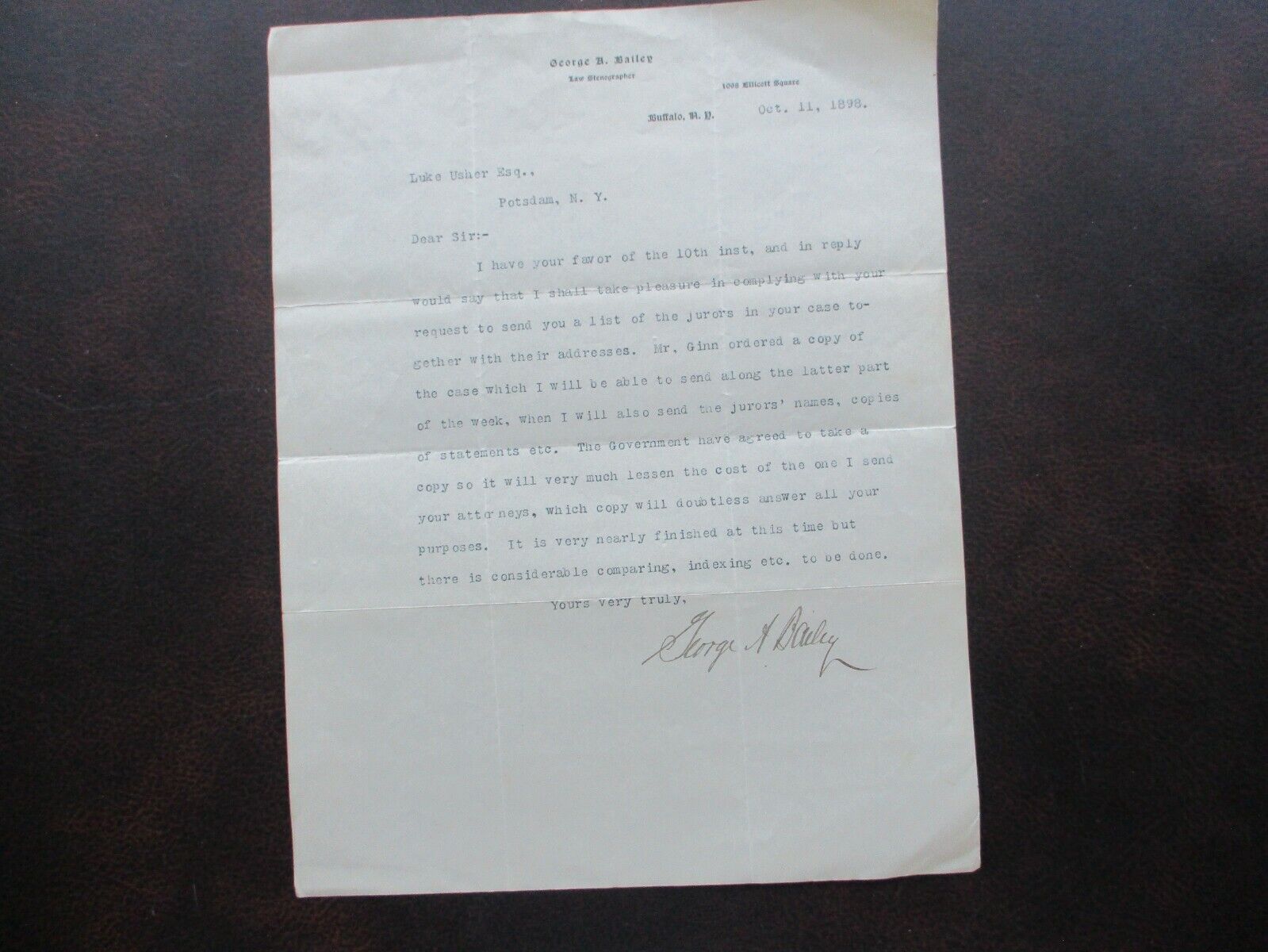 1898 George A. Bailey signed to Luke Usher,Potsdam,Buffalo,New York Legal letter